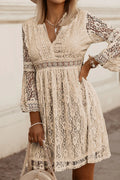 Lace V-Neck Three-Quarter Sleeve Dress Tan Bazarre Mart Lace V-Neck Three-Quarter Sleeve Dress