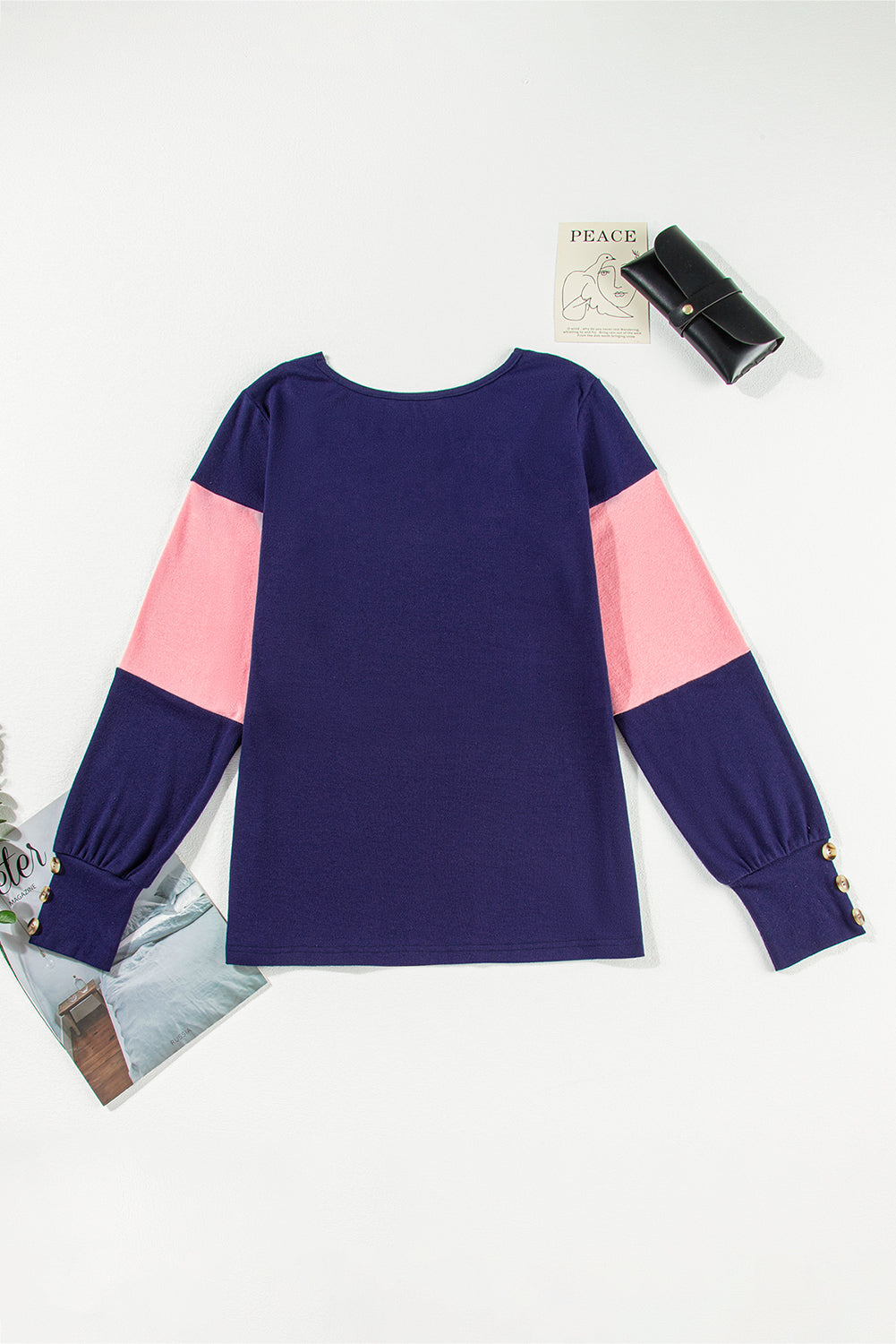 Navy & Pink Stripe Colorblock Long Sleeve V Neck Top