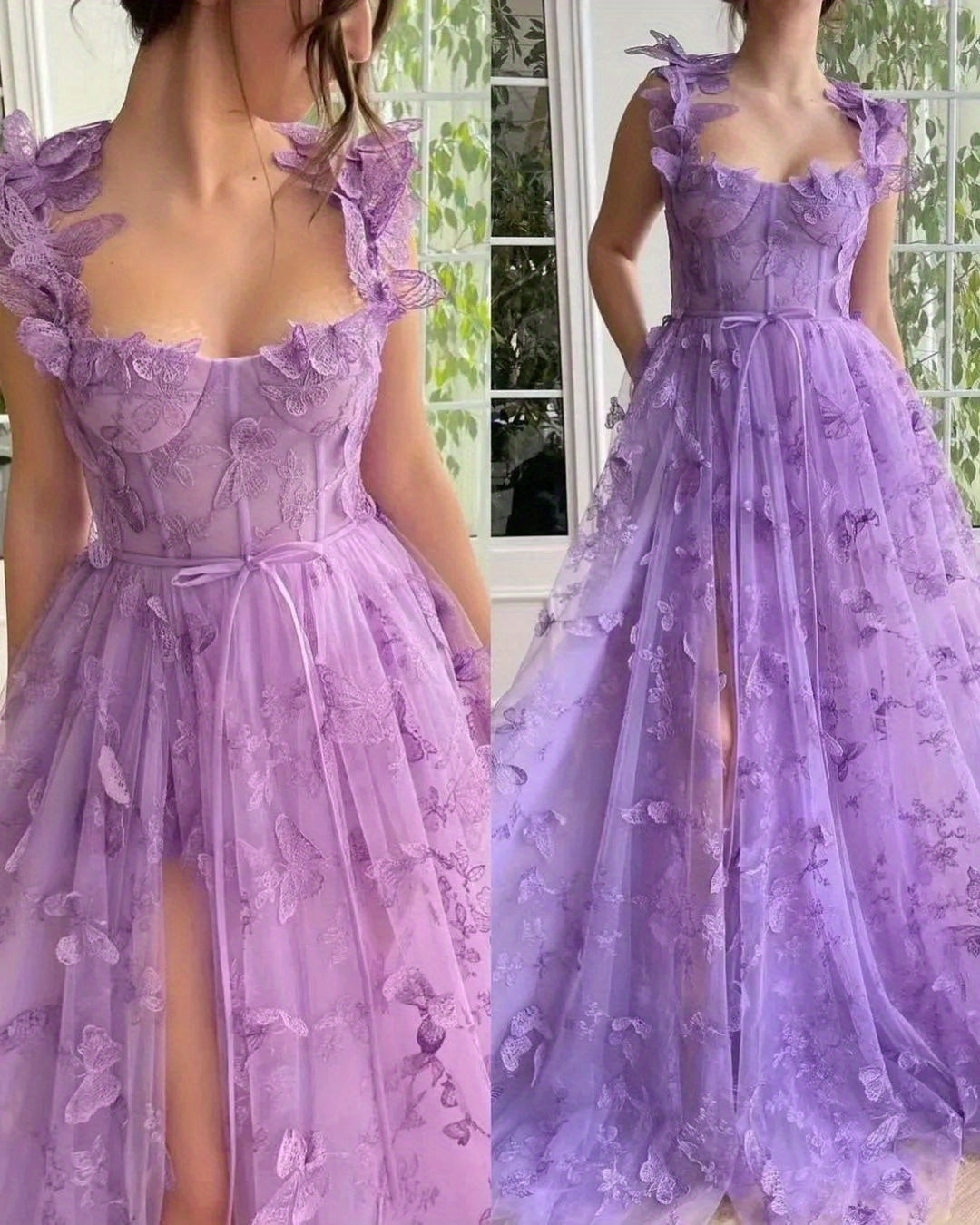 Elegant Long Sheer Flowy Floral & Butterfly Lace Gown