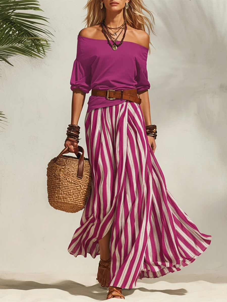 Women’s Off-Shoulder Top & Stripe Slit Maxi Skirt Set – Two-Piece Matching Outfit Rose Red CJ Dropshipping 2pc. Maxi Skirt Set