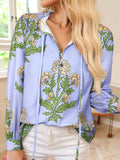 Lavender Chrysanthemum Long Sleeve Tie Neck Blouse Blue Purple Trendsi Floral Print Long Sleeve Tie Neck Blouse