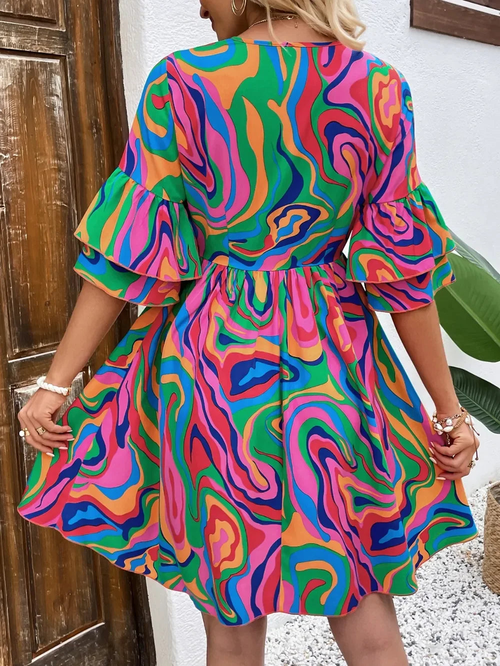 Ruffled Printed V-Neck Half Sleeve Mini Dress Bazarre Mart Dress