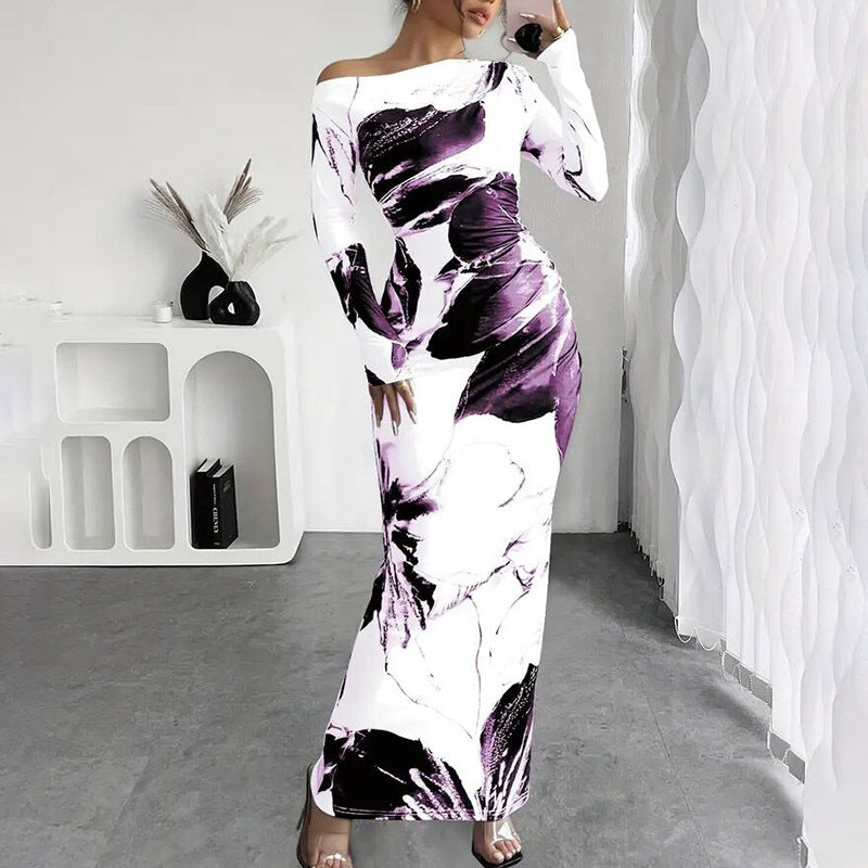 Elegant Boat Neck Off-Shoulder Tie-Dye Floral Bodycon Maxi Dress
