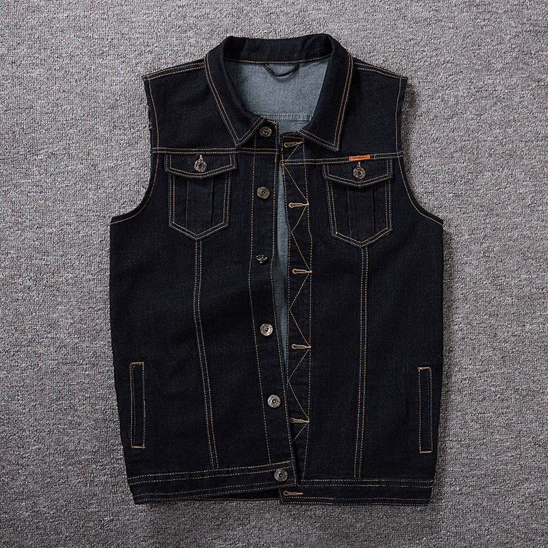 Retro Button Up Collared Round Neck Denim Vest