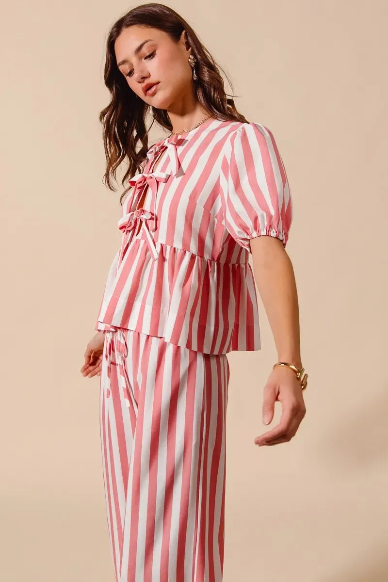 Pink Striped Pants Set Trendsi Front Tie Stripe Top With Puff Sleeves and Pants