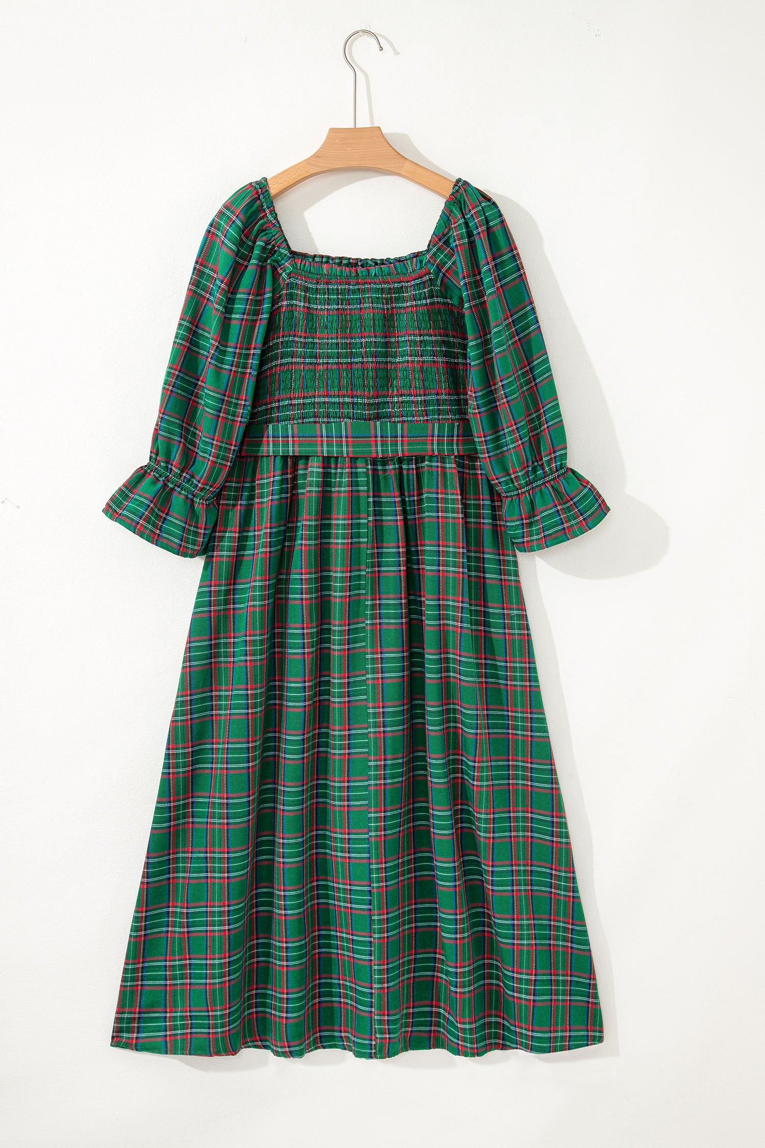 Tartan Plaid Square Neck Puff Sleeve Flared Midi Dress Bazaarre Mart Dresses/Maxi Dresses