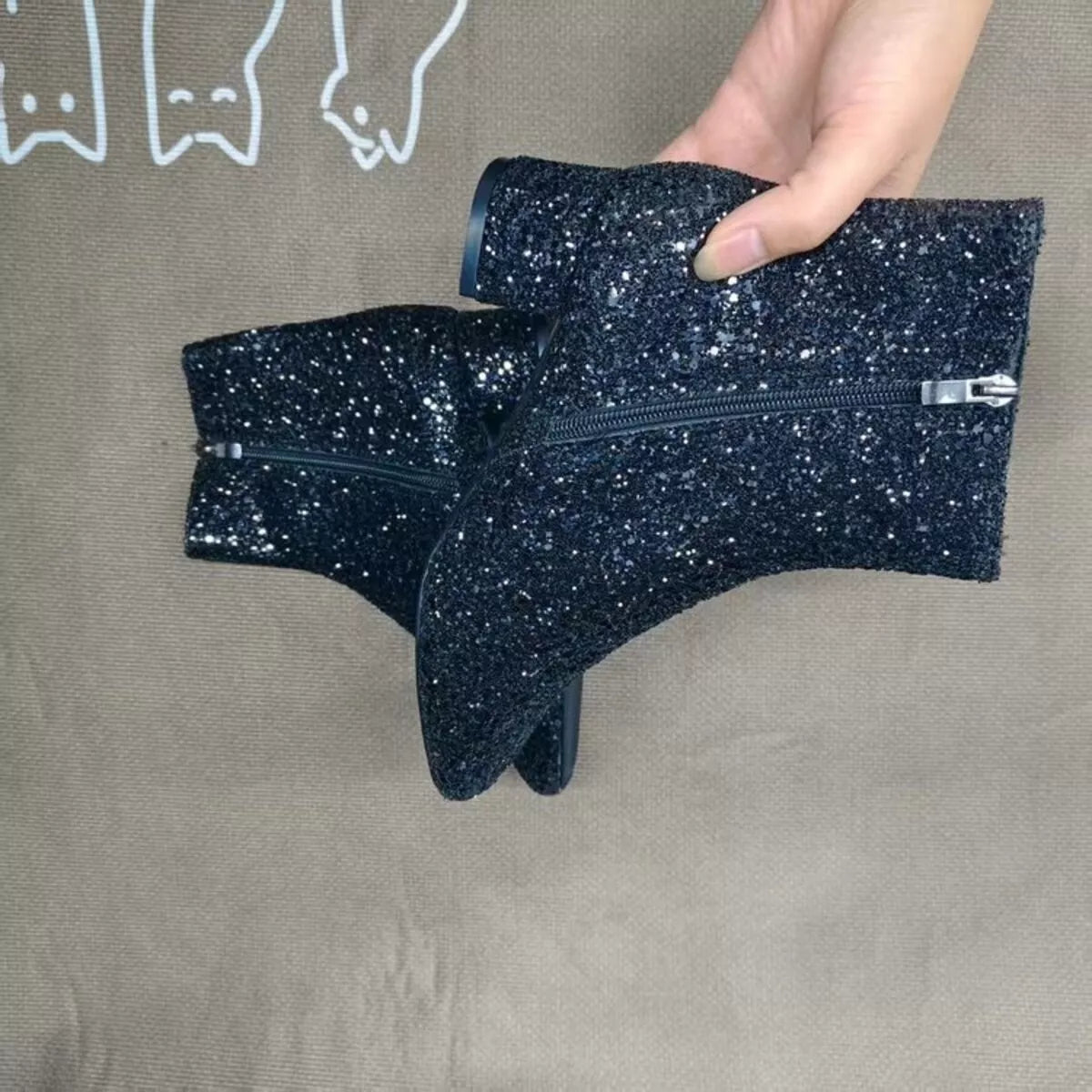 Navy Sequin Block Heels Boots