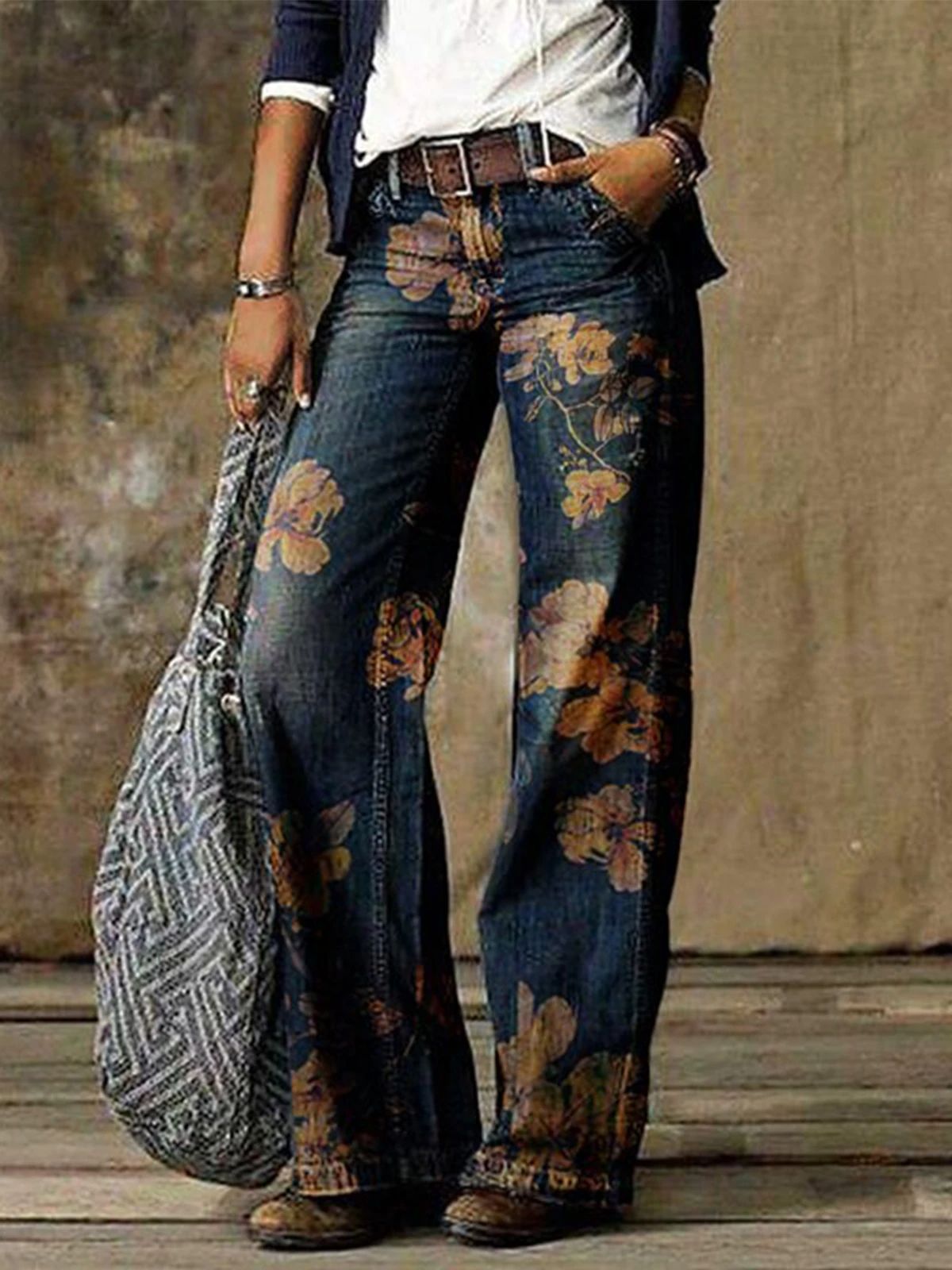 Women’s Floral Painted Straight Leg Denim Jeans – Dark Wash Low Waist Boot Cut Pants CJ Dropshipping Floral Boot Cut Jeans