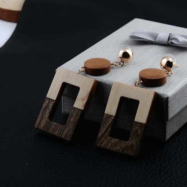 Retro Wooden Dangle Post Earrings Bazaare Mart Wood Metal Dangle Hoops