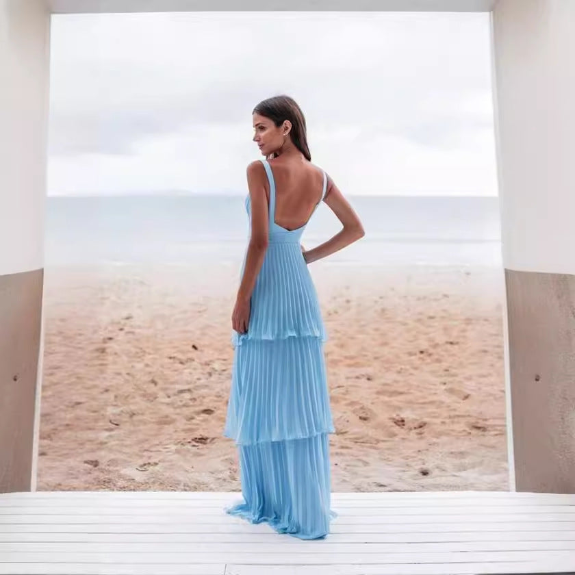 Multi-layer Pleated Strappy Maxi Dress
