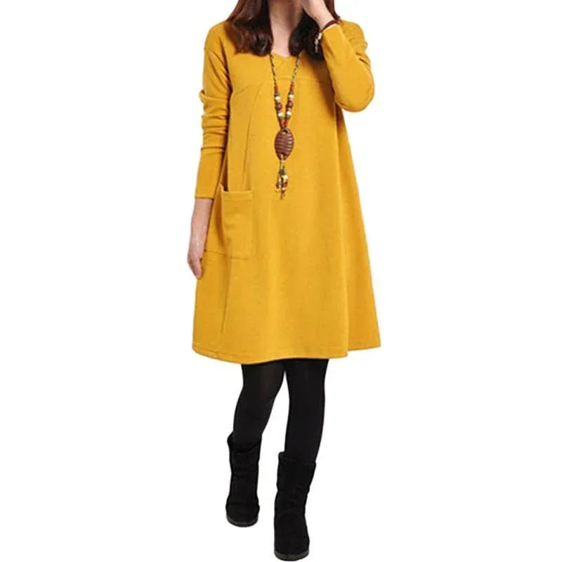 Women Plus Size Long Sleeve Solid Color Dress Yellow Bazaare Mart Long Sleeve A Frame Dress