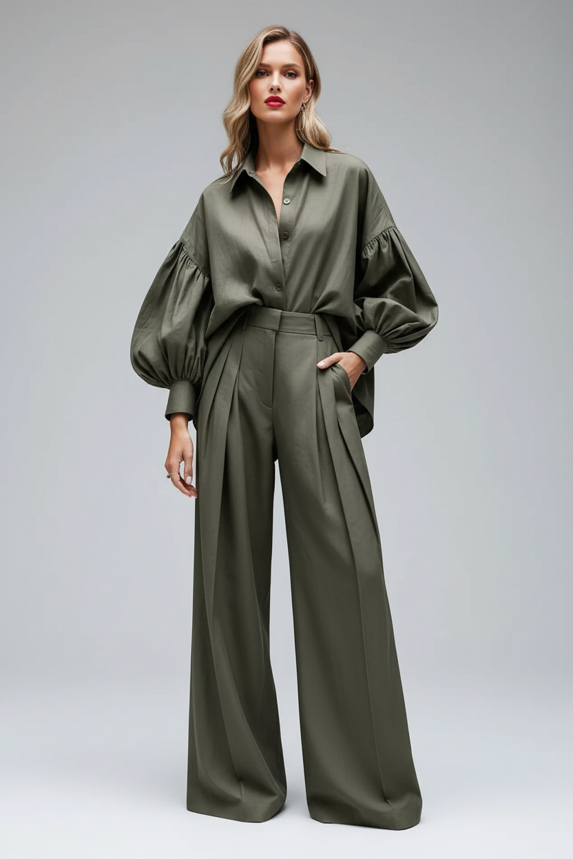 Lantern Sleeve Shirt & Wide Leg Pants Set
