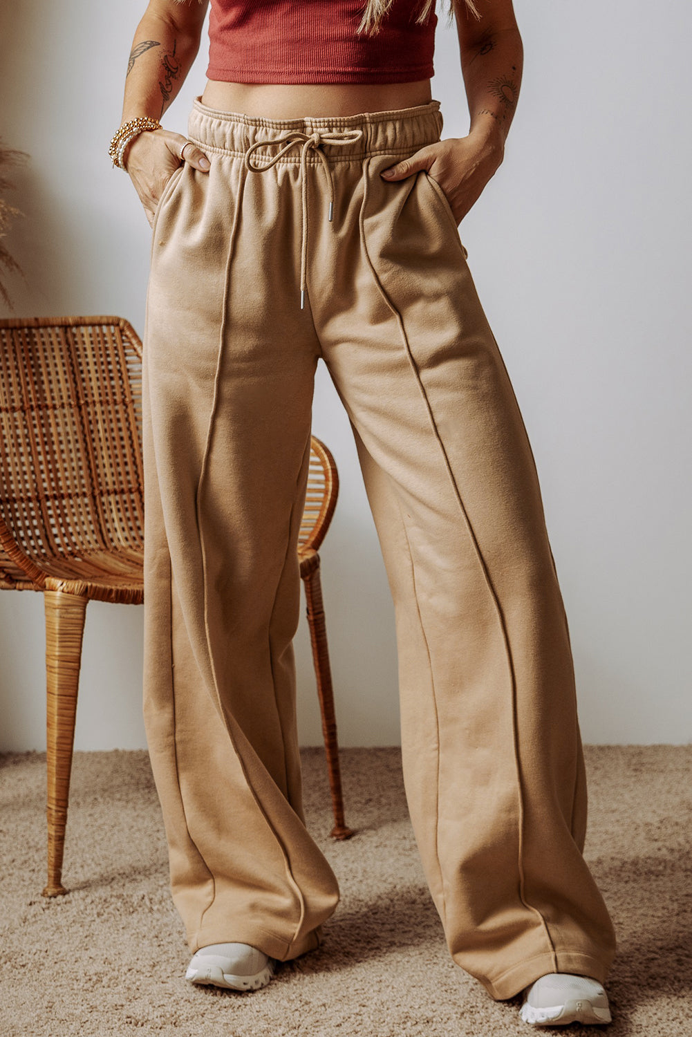 Khaki Exposed Seam Drawstring High Waist Wide Leg Pants