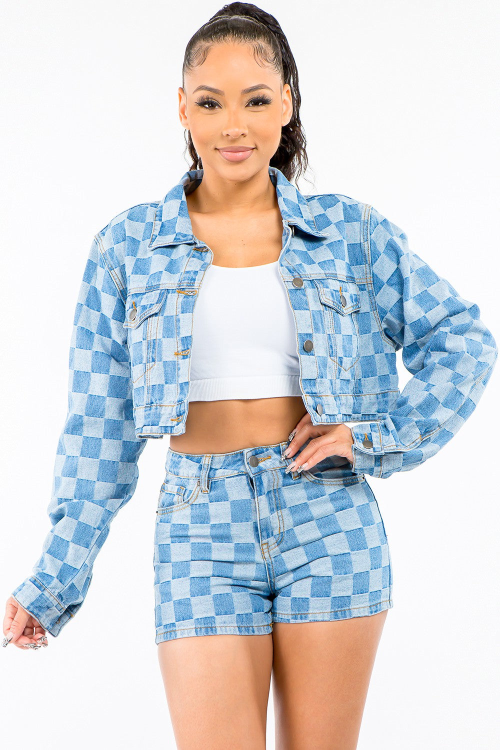 Blue Denim Checkered Cropped Denim Jacket