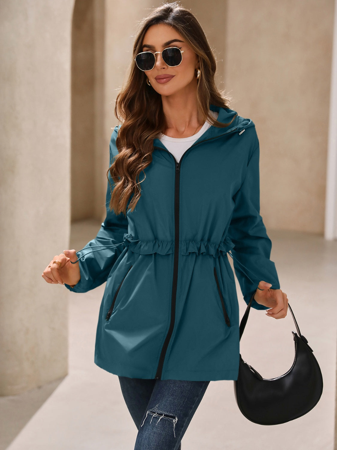 Waterproof Gathered Waist Hooded Jacket