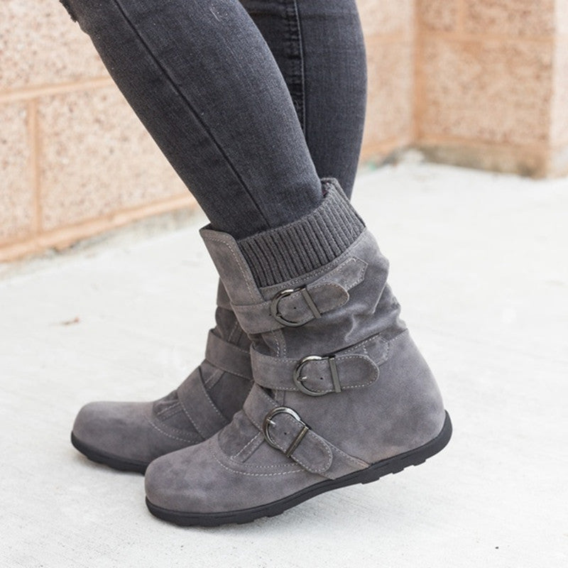 Casual Faux Suede Buckle Mid-Calf Flat Boots