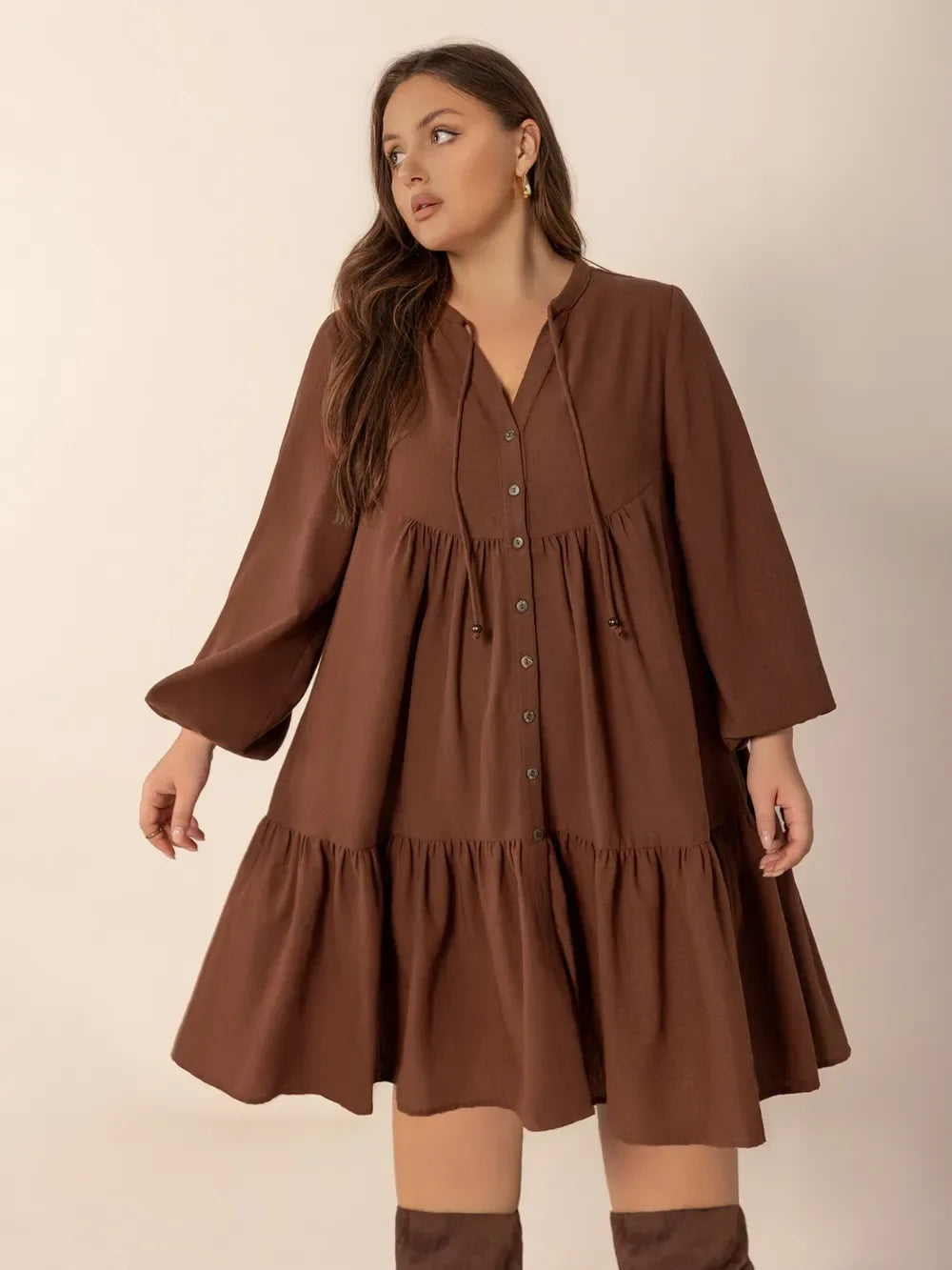 Brown Long Balloon Sleeve Tiered Dress Bazarre Mart Brown Tiered Dress