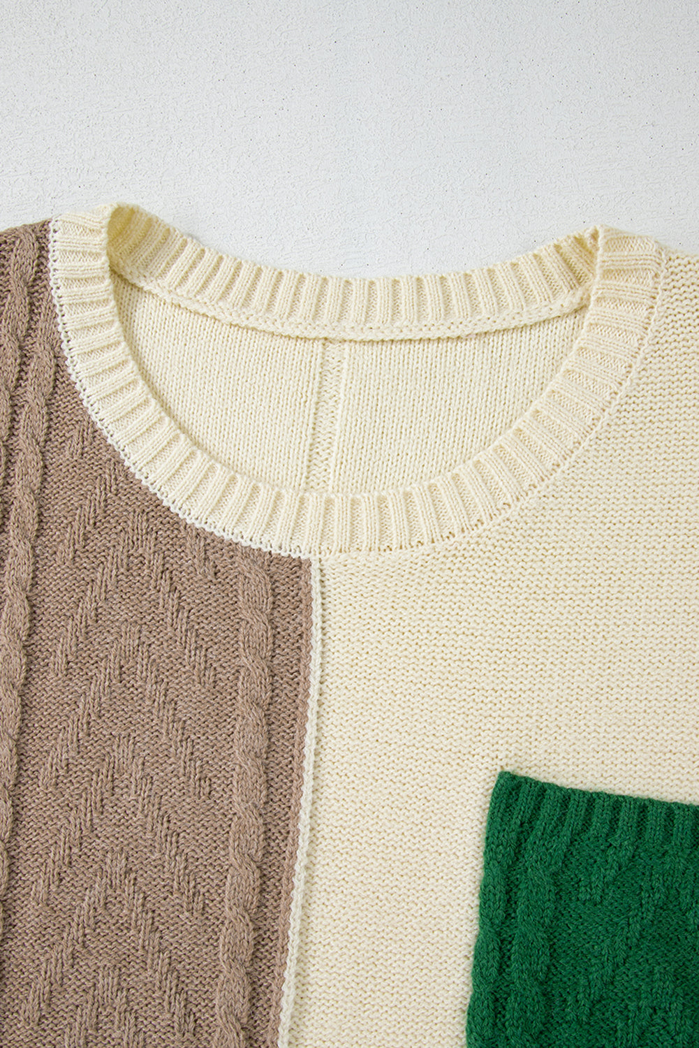 Green Color Block Drop Shoulder Cable Knit Sweater