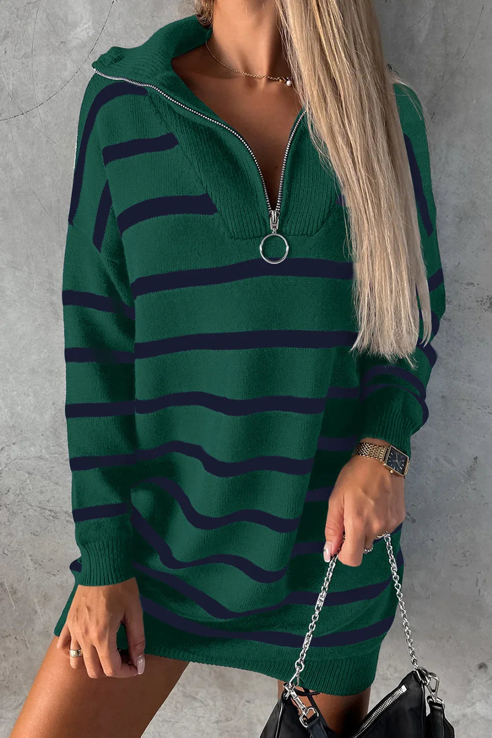 Green Striped Collared Loose Sweater Dress Bazaare Mart Sweaters & Cardigans/Sweater Dresses
