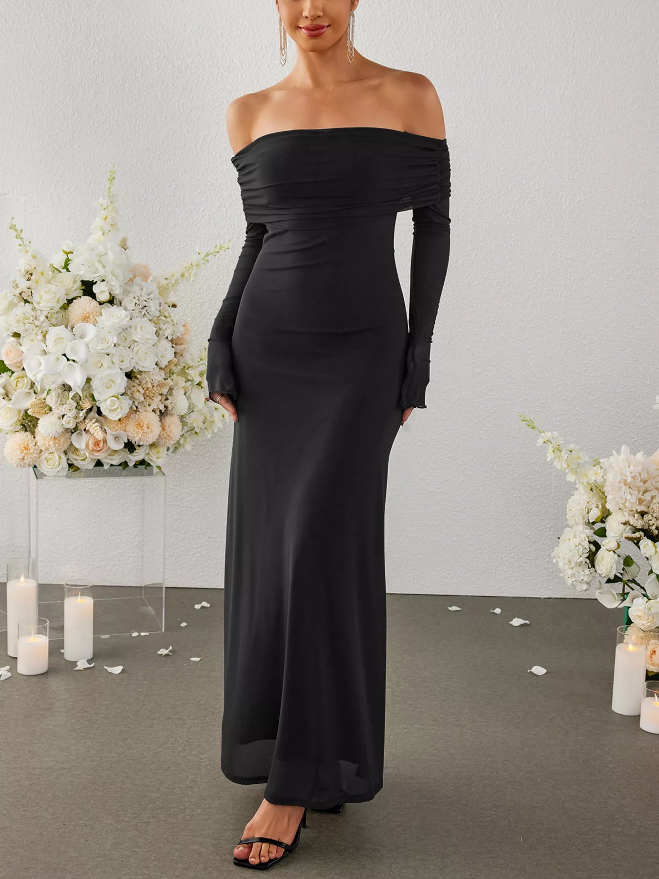 Off-Shoulder Ruched Long Sleeve Maxi Dress Trendsi Off-Shoulder Ruched Long Sleeve Maxi Dress