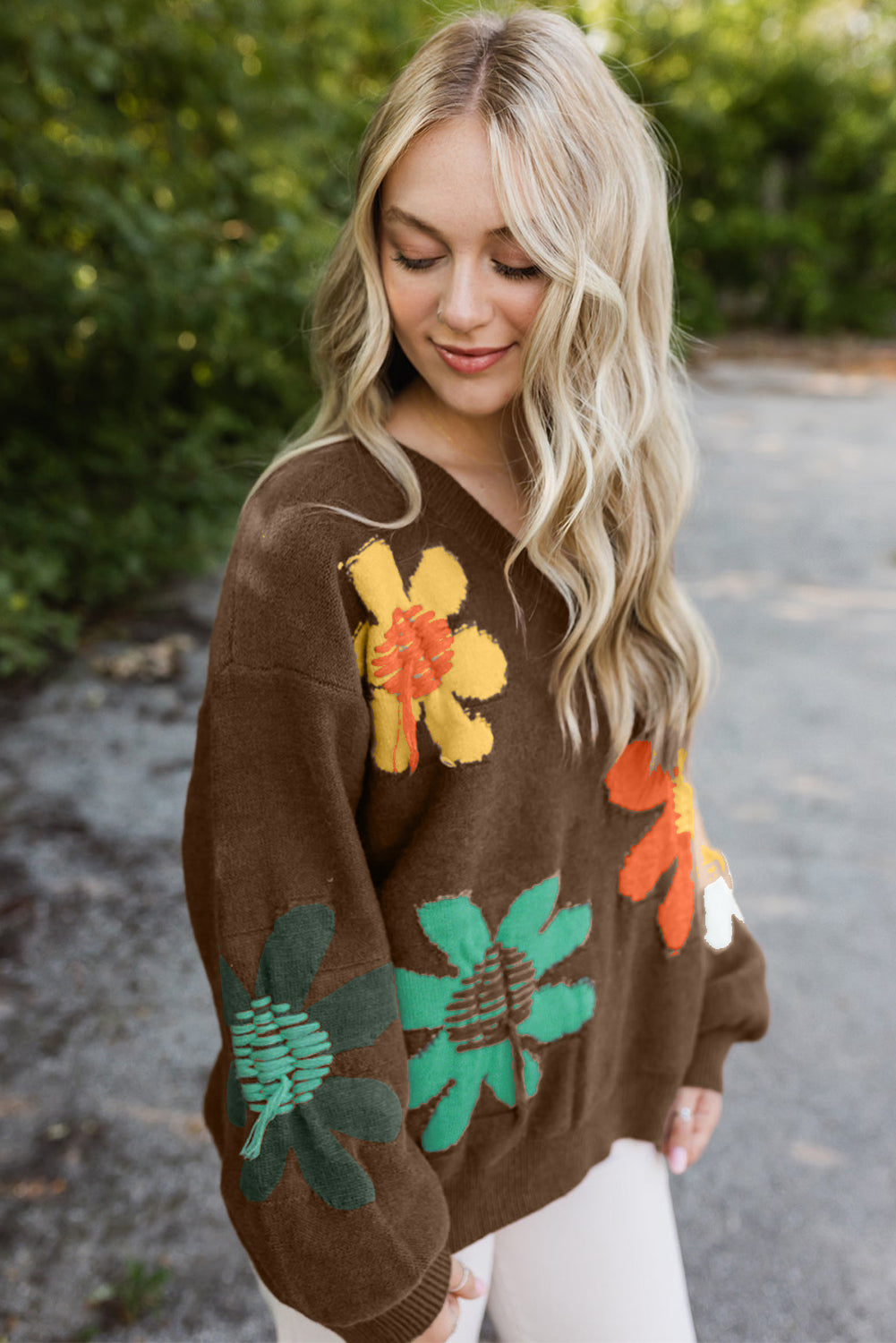 Coffee Big Flower V Neck Drop Shoulder Distressed Sweater