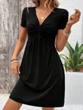 Women’s V-Neck Twist Waist Midi Dress – Short Sleeve Elegant Casual Dress Black CJ Dropshipping Short Sleeve V-Neck Dress