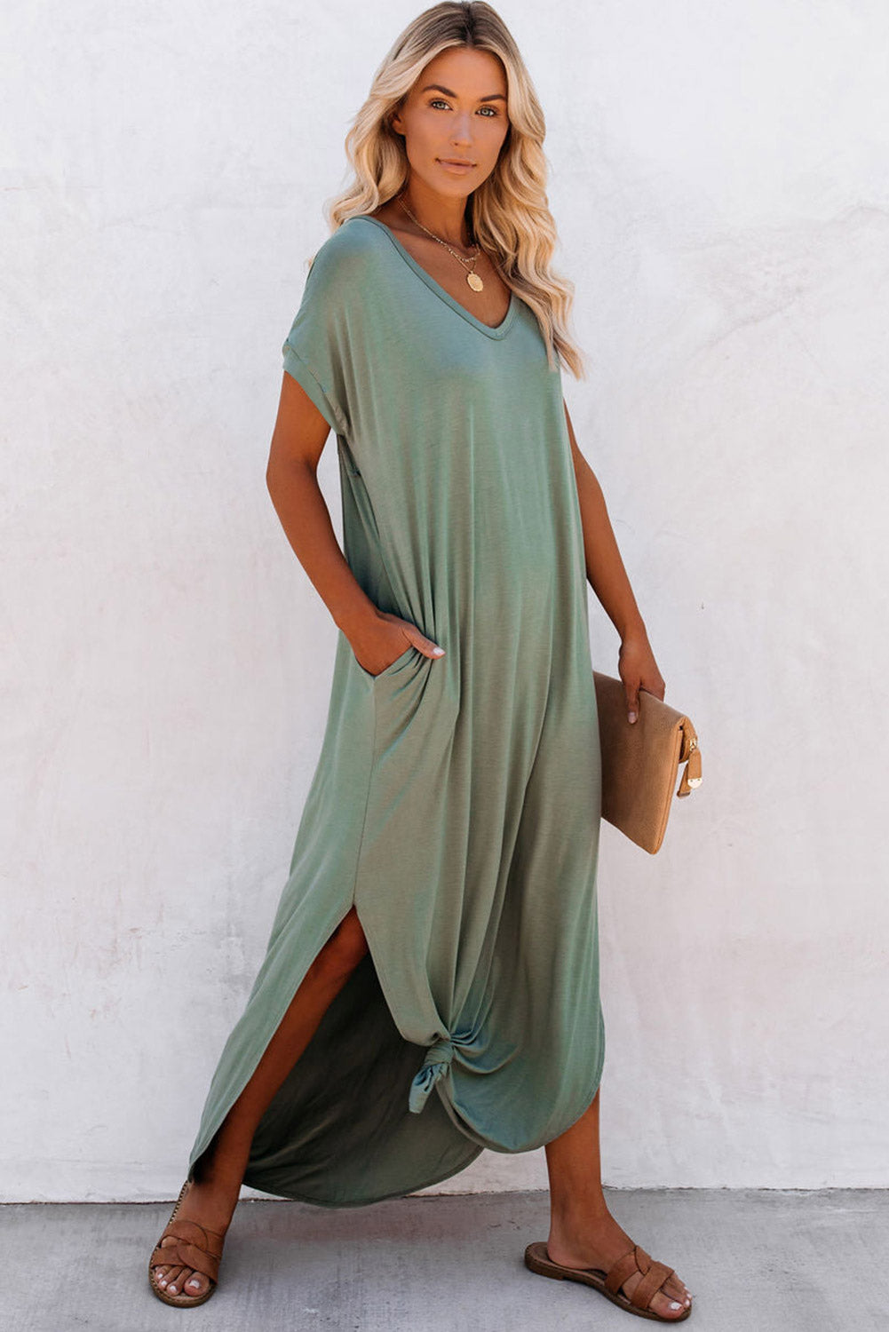 Sage V-Neck Hidden Pocket Splits Maxi T-shirt Dress
