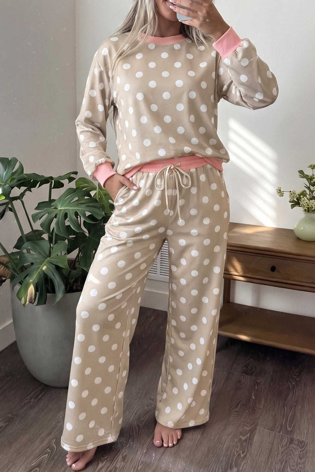 Polka Dot Contrast Trim Top & Drawstring Pants Set