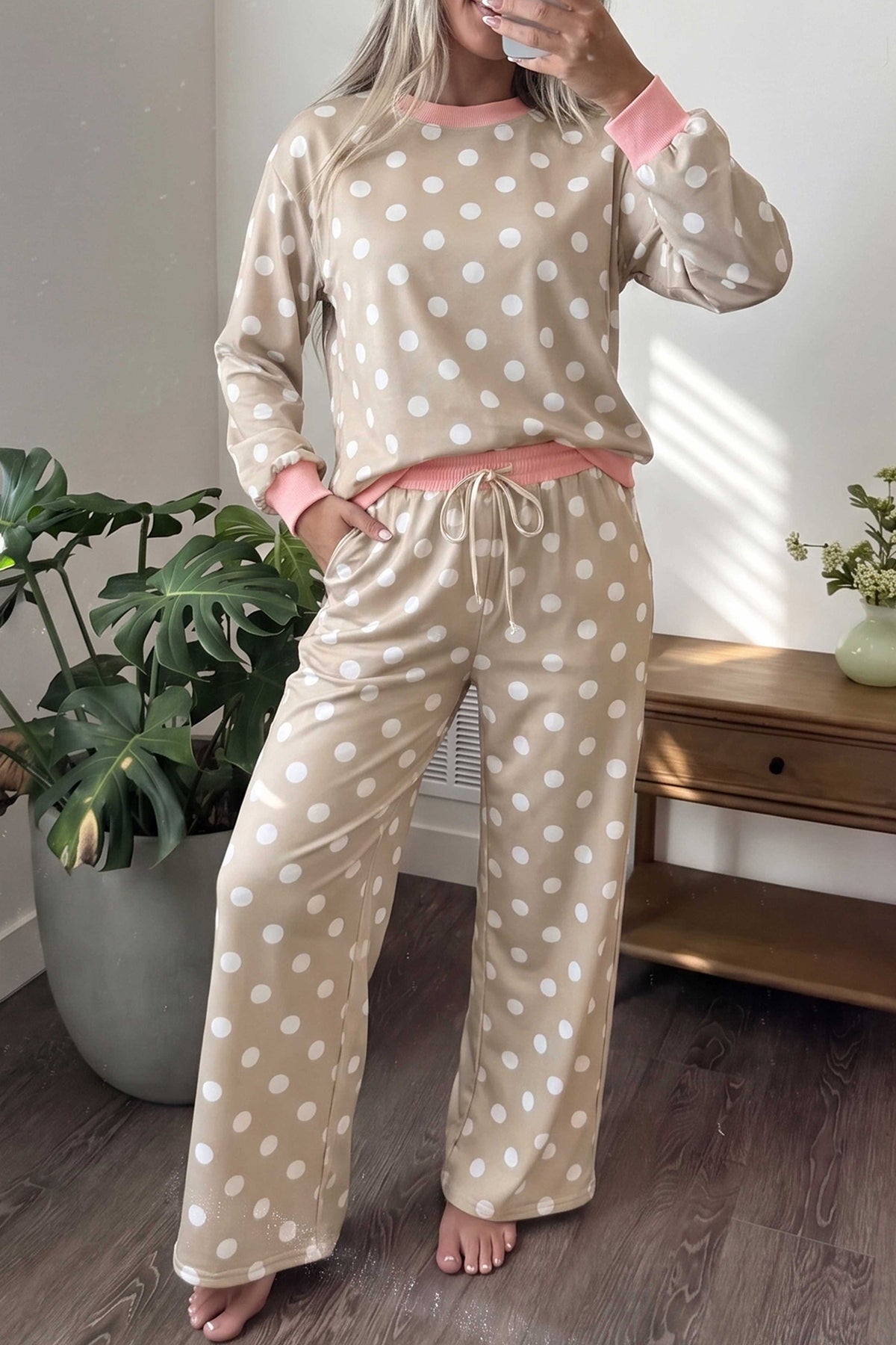 Polka Dot Contrast Trim Top & Drawstring Pants Set