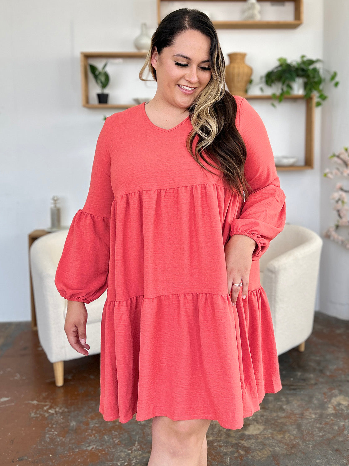 Trendy V-Neck Long Balloon Sleeve Tiered Dress