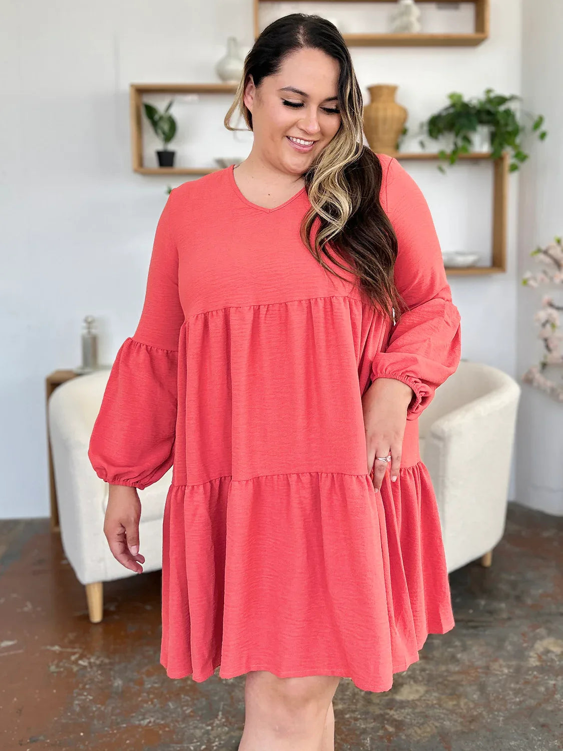 Solid V-Neck Long Balloon Sleeve Tiered Dress Bazaare Mart Long Sleeve Layered Dress