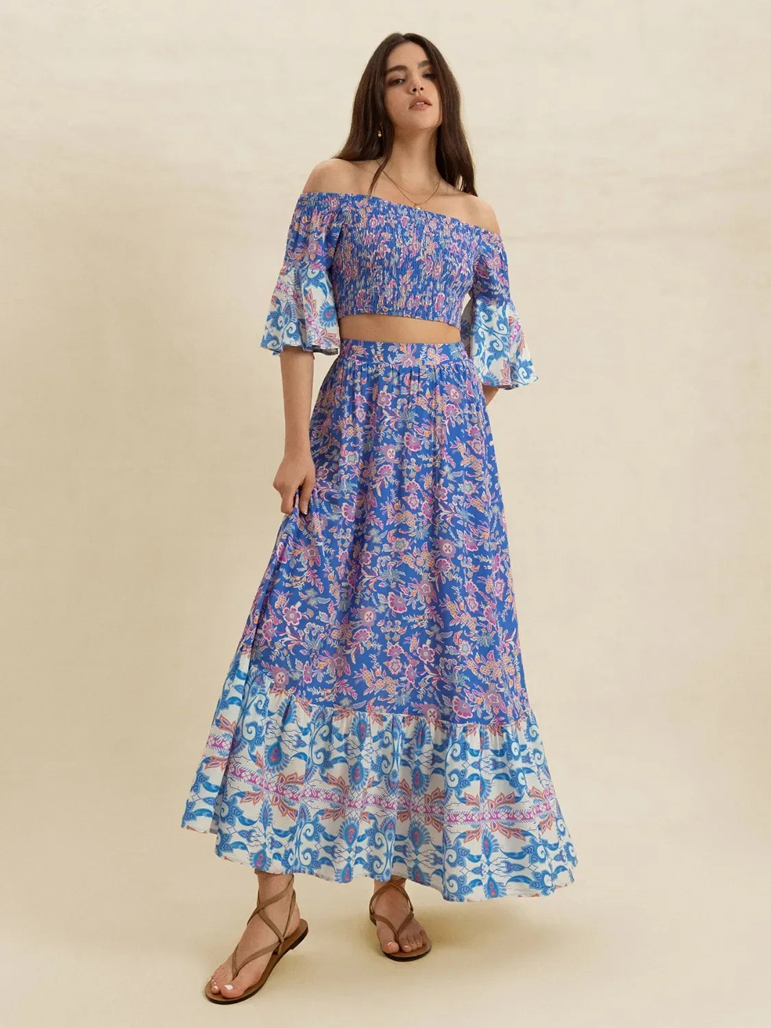 Smocked Off-Shoulder Printed Top and Skirt Set Bazarre Mart