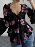 Floral Print Tie Front Flare Sleeve Blouse Black Bazarre Mart Floral Print Tie Front Flare Sleeve Blouse