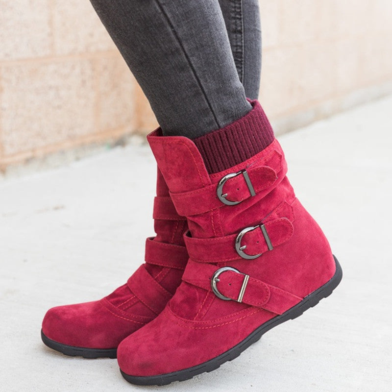 Casual Faux Suede Buckle Mid-Calf Flat Boots