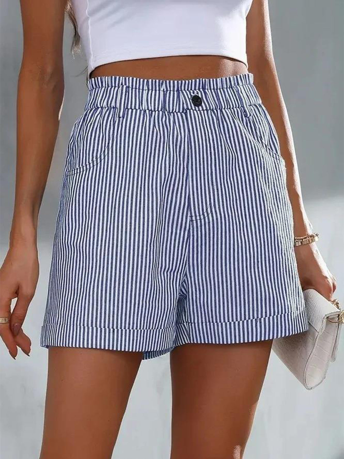 Blue Retro High Waist Pin Striped Shorts
