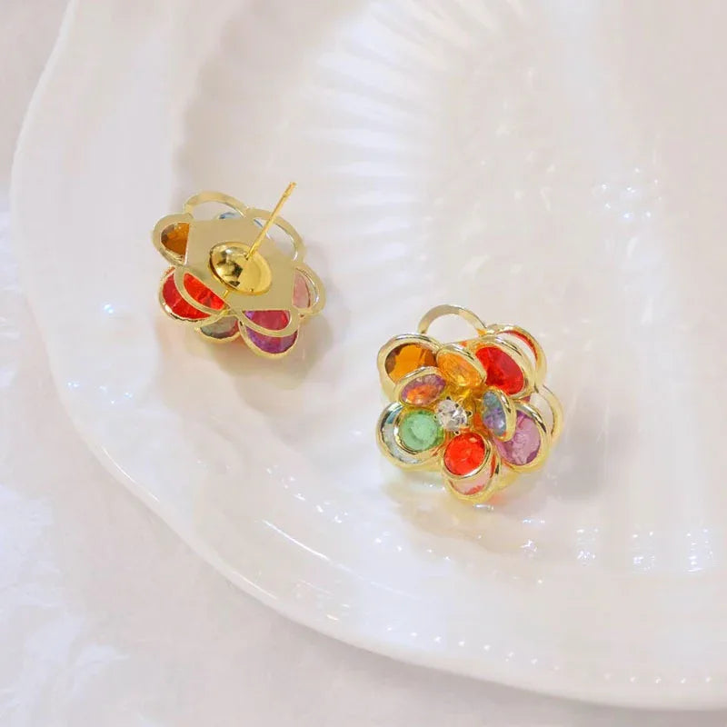 3D Multi Glass Stone Stud Earrings Bazaare Mart Flower Earrings