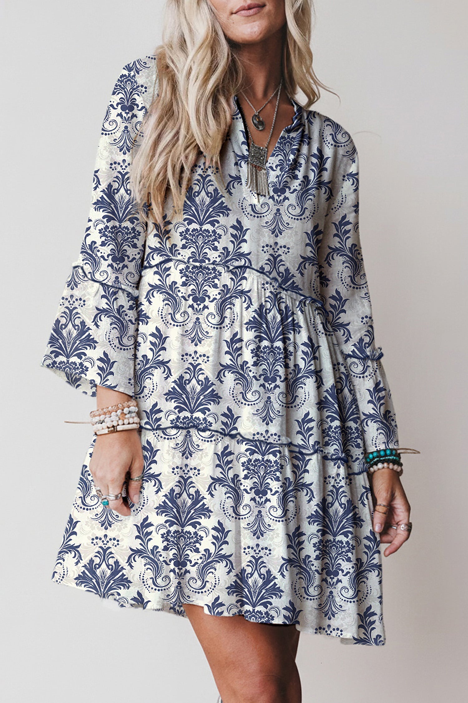 Sky Blue Boho Floral Print Lettuce Trim 3/4 Sleeve Mini Dress Bazaare Mart Dresses/Floral Dresses