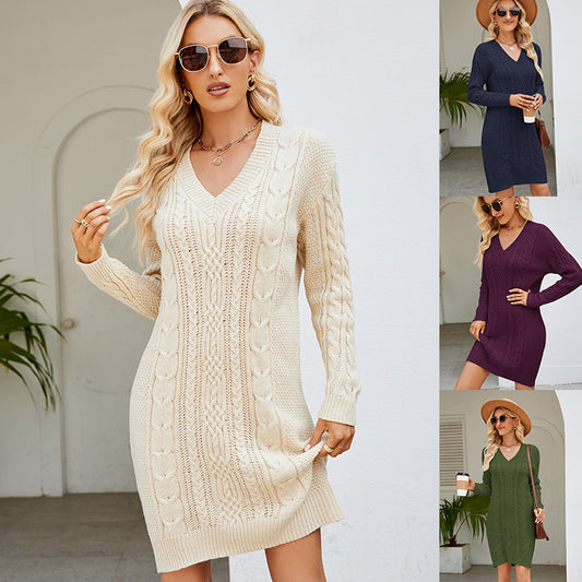 Sweater Cable Knit V-Neck Dress