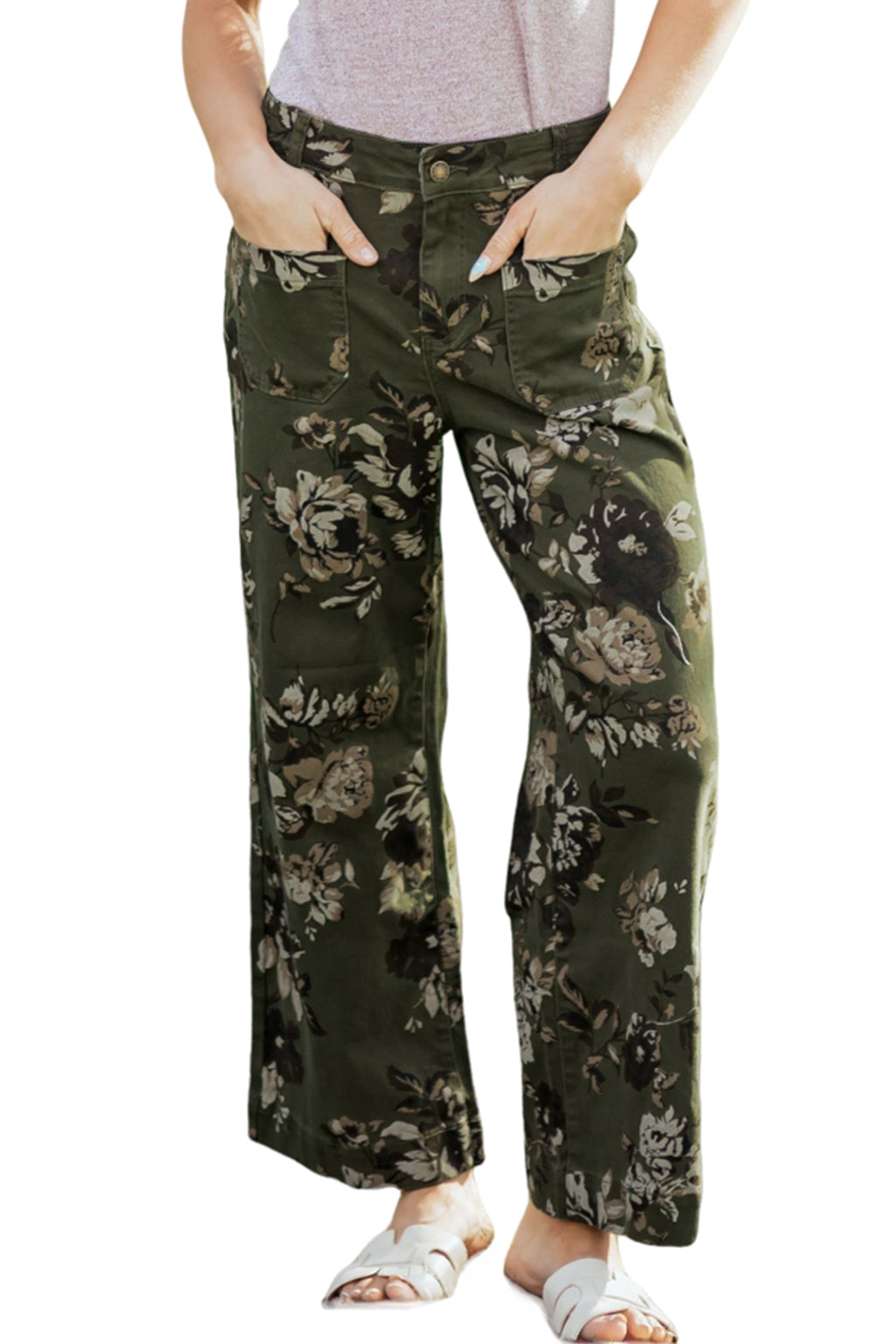 Green Vintage Floral Print Square Patch Pocket Raw Hem Shift Jeans Dear-Lover Dropshipping Bottoms/Jeans