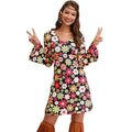 Retro ’70s Hippie Print A-Line Mini Dress Black CJ Dropshipping Long Sleeve Hippie Dress