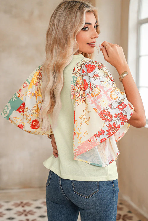 Beige Floral Patchwork Batwing Sleeve Blouse Shewin Blouses