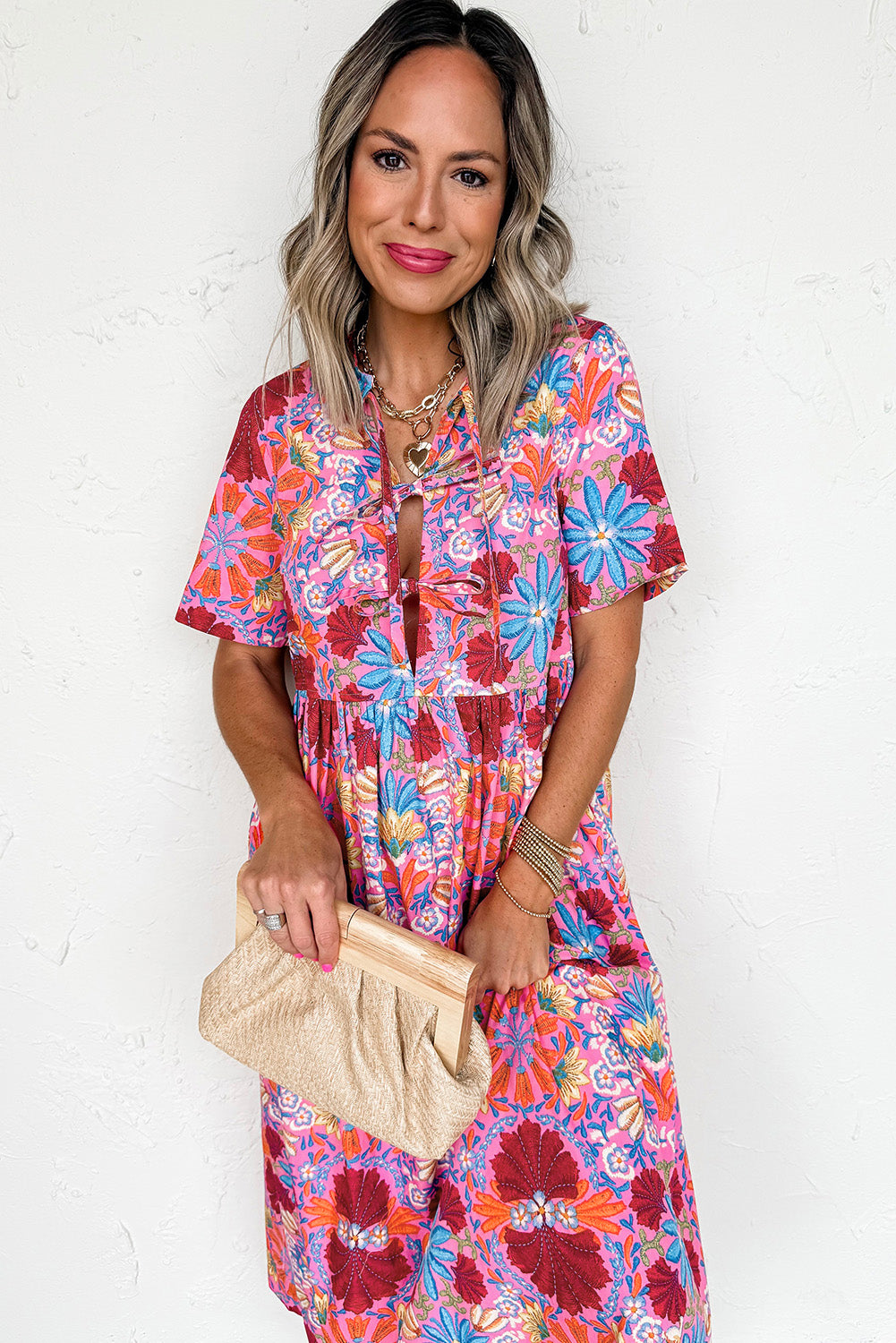 Rose Floral Tie Front Empire Waist Midi Dress Shewin Midi Dresses
