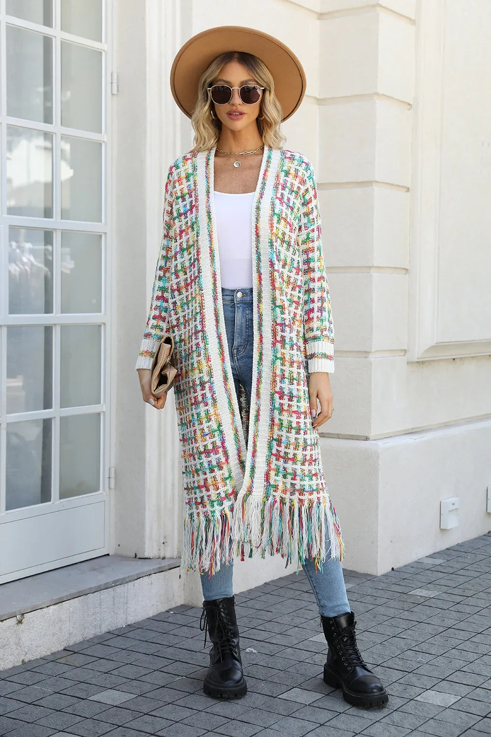 Multicolor Open Front Fringe Hem Duster Cardigan Bazarre Mart Multicolored Open Front Fringe Long Sweater