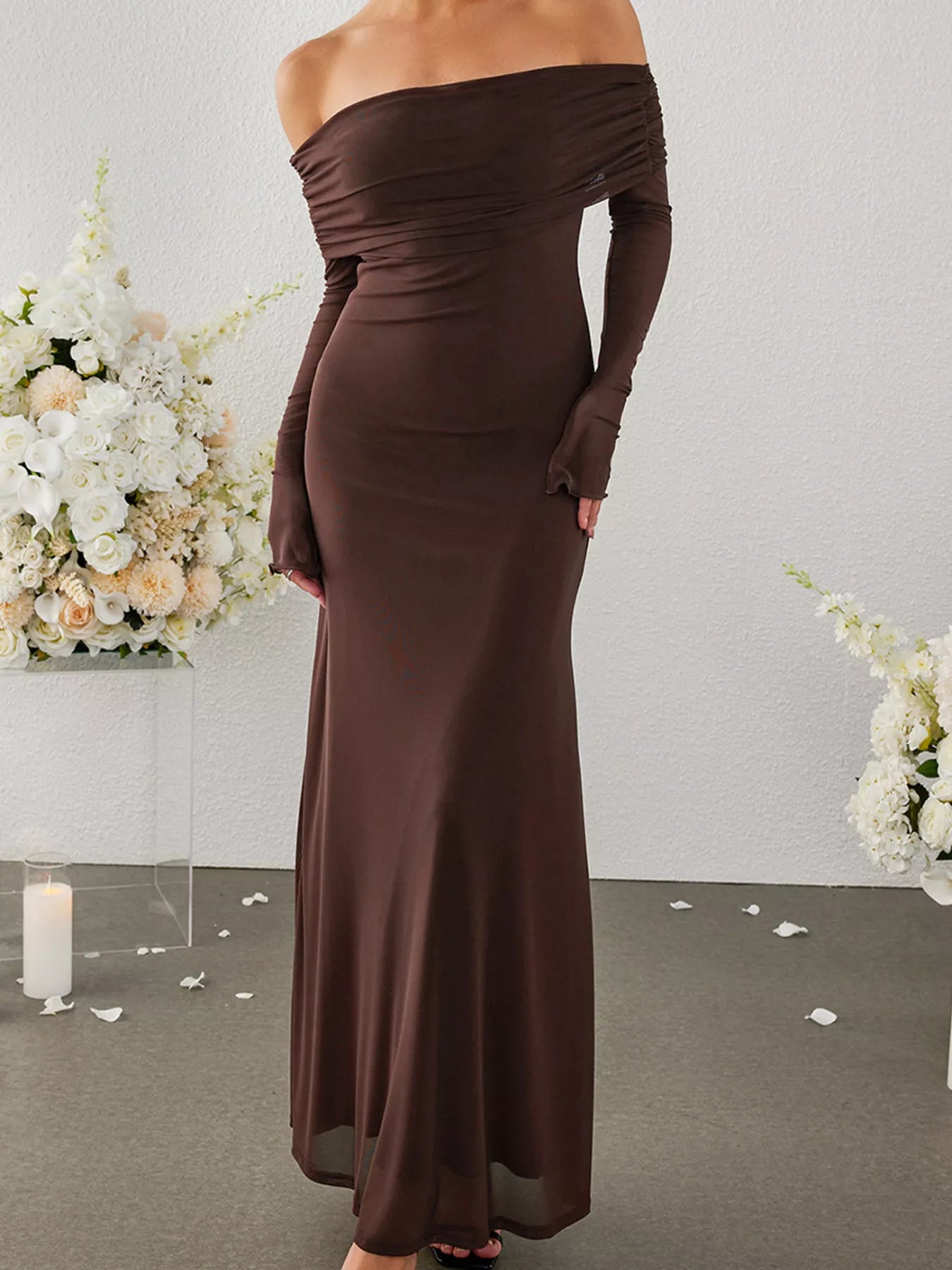 Off-Shoulder Ruched Long Sleeve Maxi Dress Brown Trendsi Off-Shoulder Ruched Long Sleeve Maxi Dress