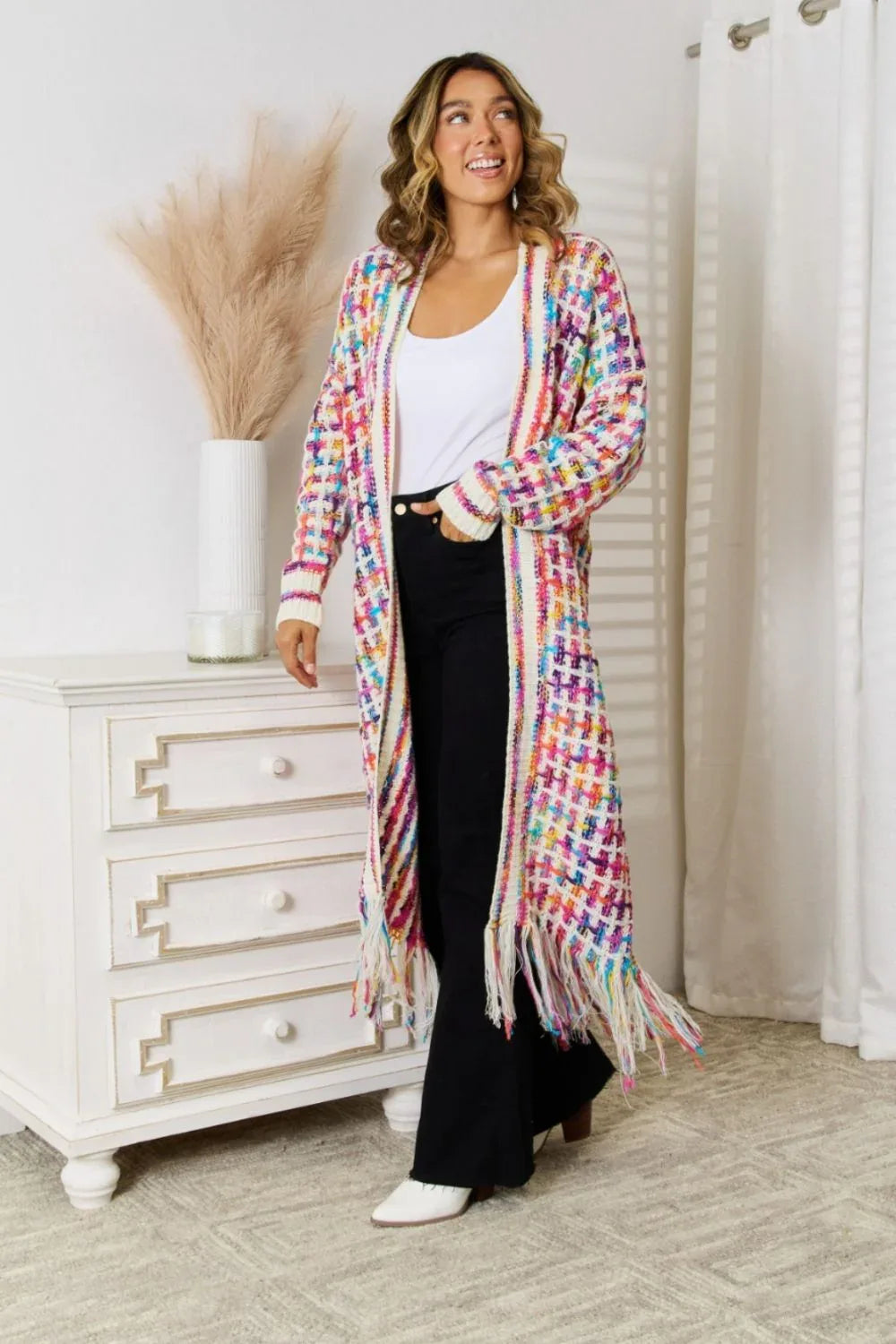 Multicolor Open Front Fringe Hem Duster Cardigan Bazarre Mart Multicolored Open Front Fringe Long Sweater
