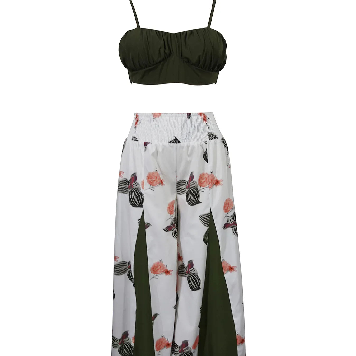 Solid Color Sexy Bralette Top Fashionable Flower Print Contrasting Pleated Pants Two-piece Pants Set Bazaare Mart Army Green Floral Pants Set