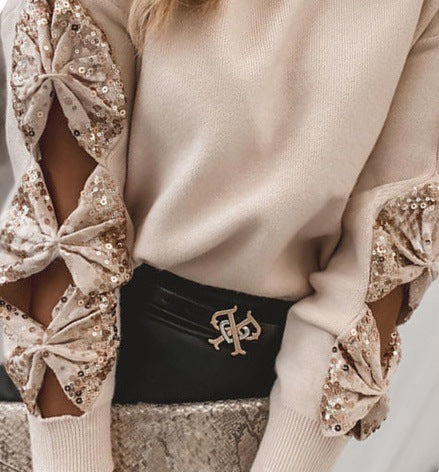 Hollow Embroidered Sequin Long-Sleeved Sweater