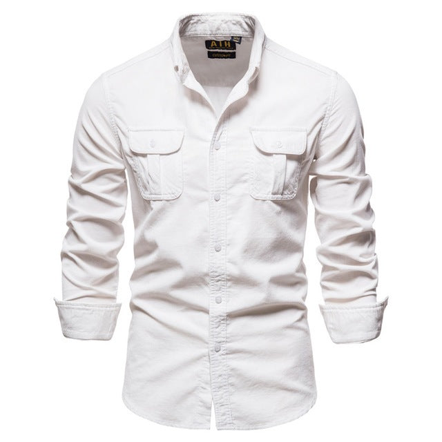 Men's Casual Long Sleeve Button Up White Shirt