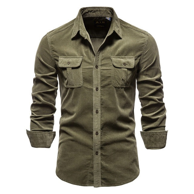 Men's Casual Long Sleeve Button Up Army Green Shirt