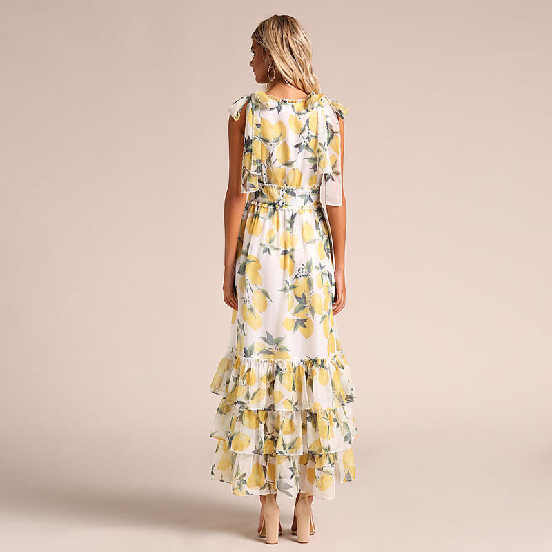 Tiered Sleeveless Lemons Maxi Dress